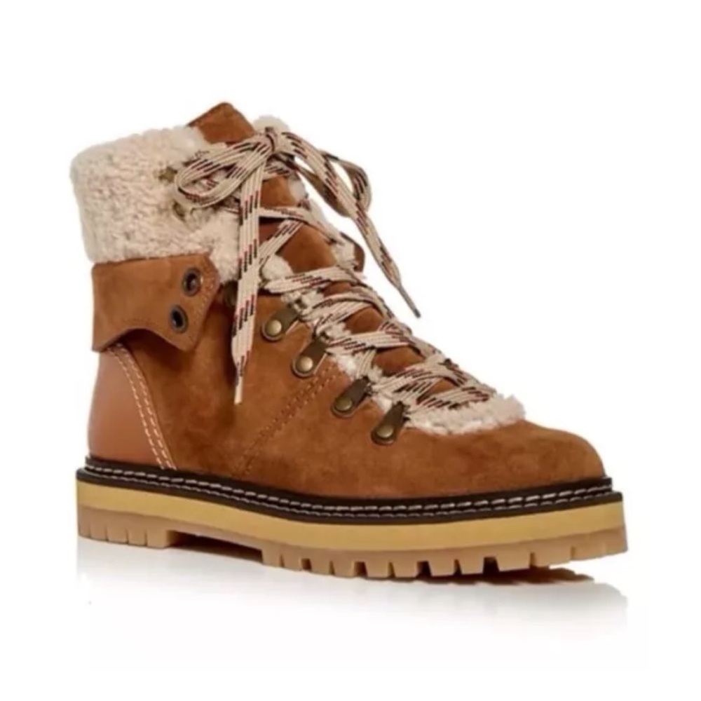 See By Chloe Tan and Cream Lace Up Boots